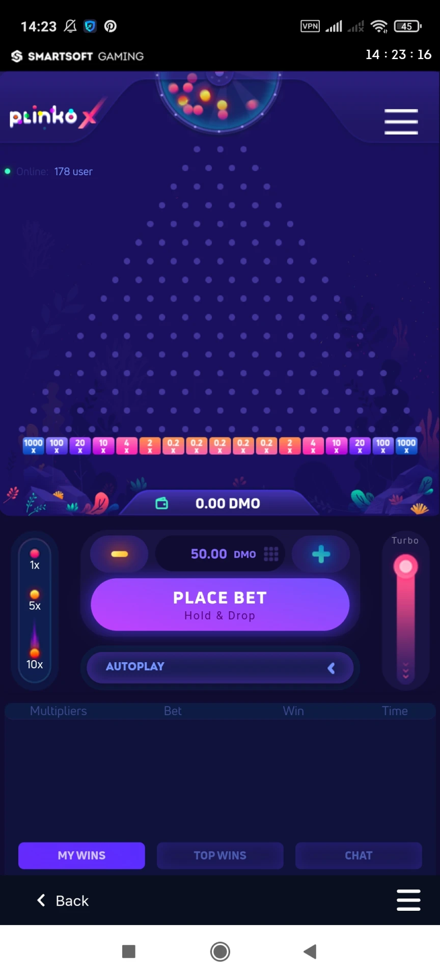 You can look at the Plinko X game interface.