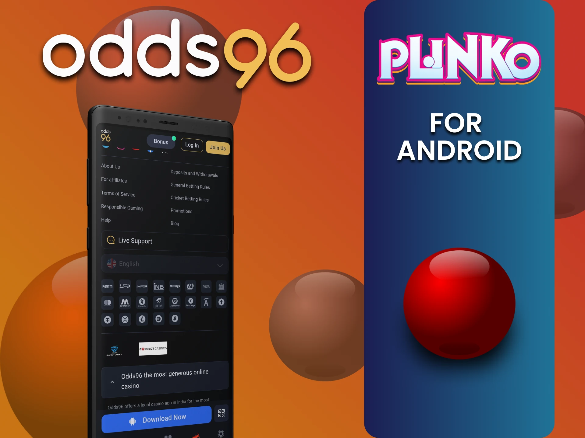 Download the odds96 app for Android to play Plinko.