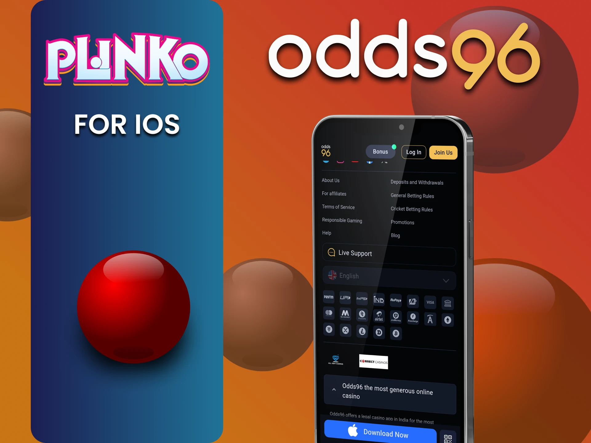 Download the odds96 app for iOS to play Plinko.