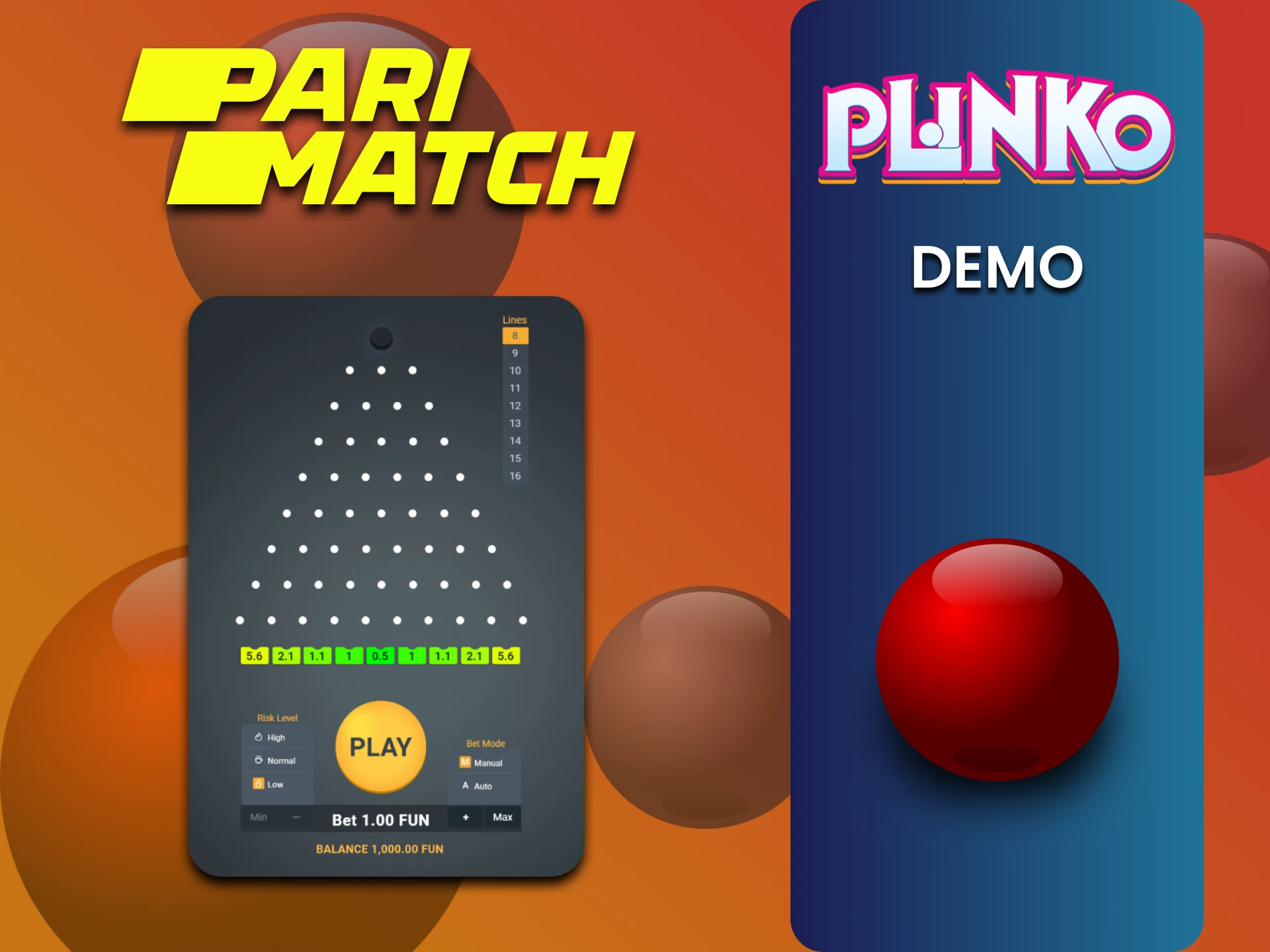 Choose a demo version of the Plinko game for training on Parimatch.