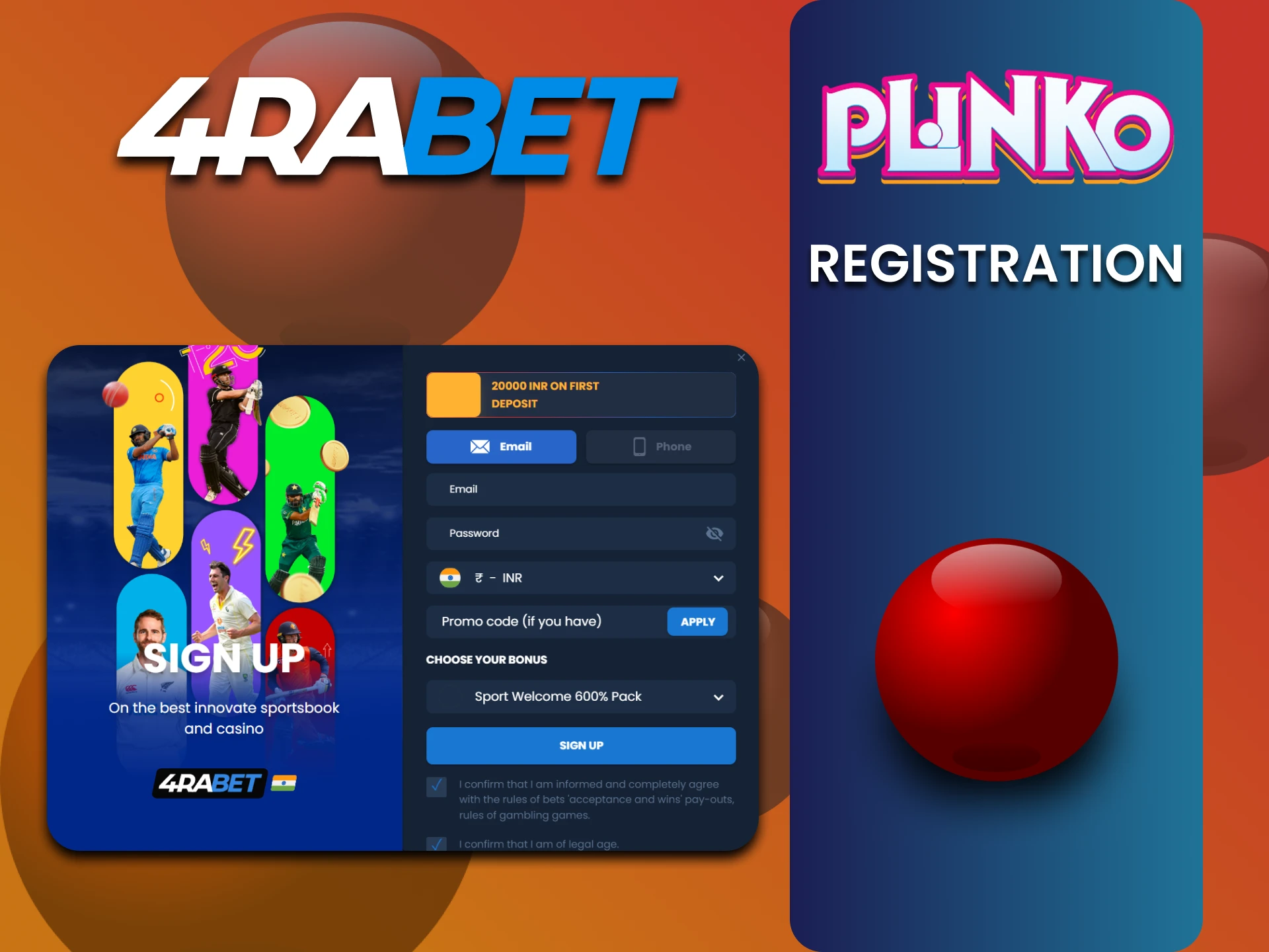 At 4rabet website to play Plinko, make an easy registration.