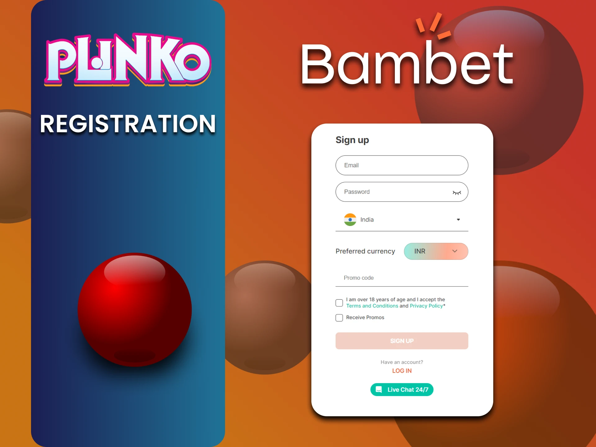 Simply and quickly register at Bambet website to play Plinko.
