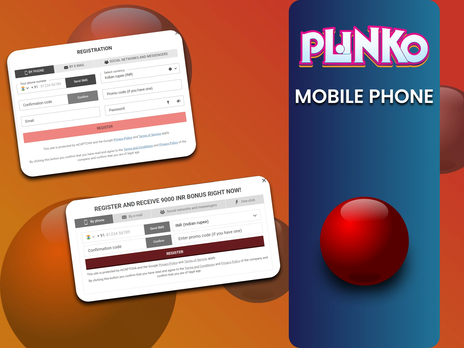 To play Plinko, select the registration method via Mobile Phone.