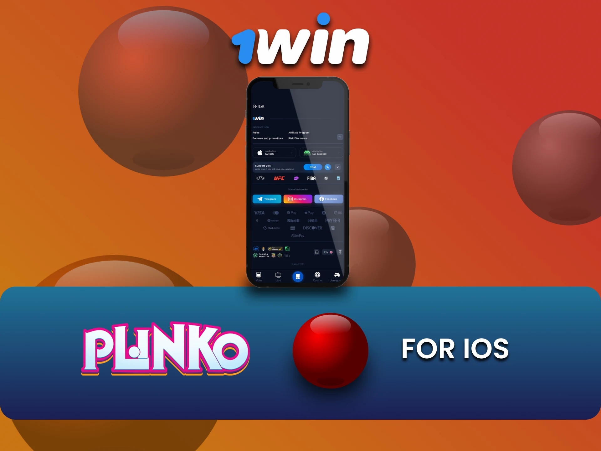 Download the 1win app on iOS to play Plinko.