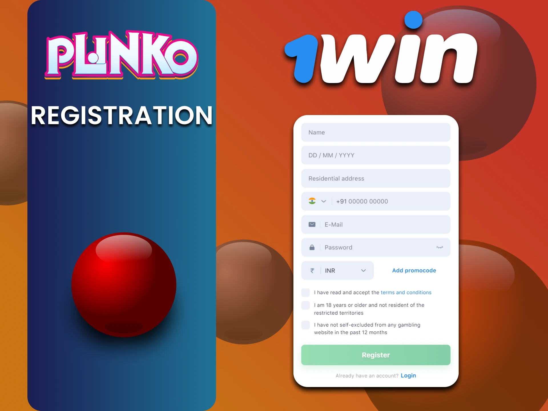 Create a personal account on 1win to play Plinko.