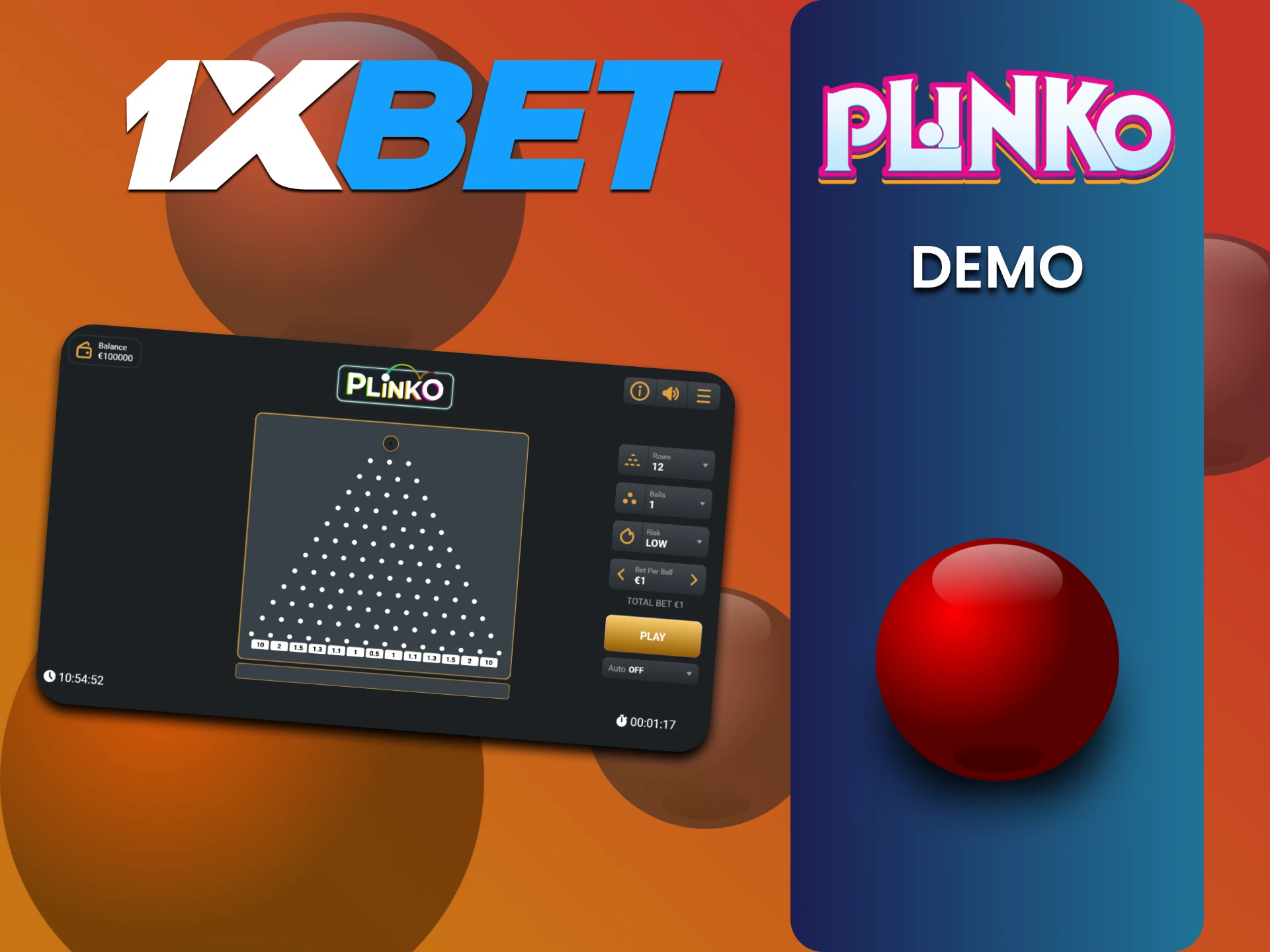 Practice in the demo version of the Plinko game on 1xbet.