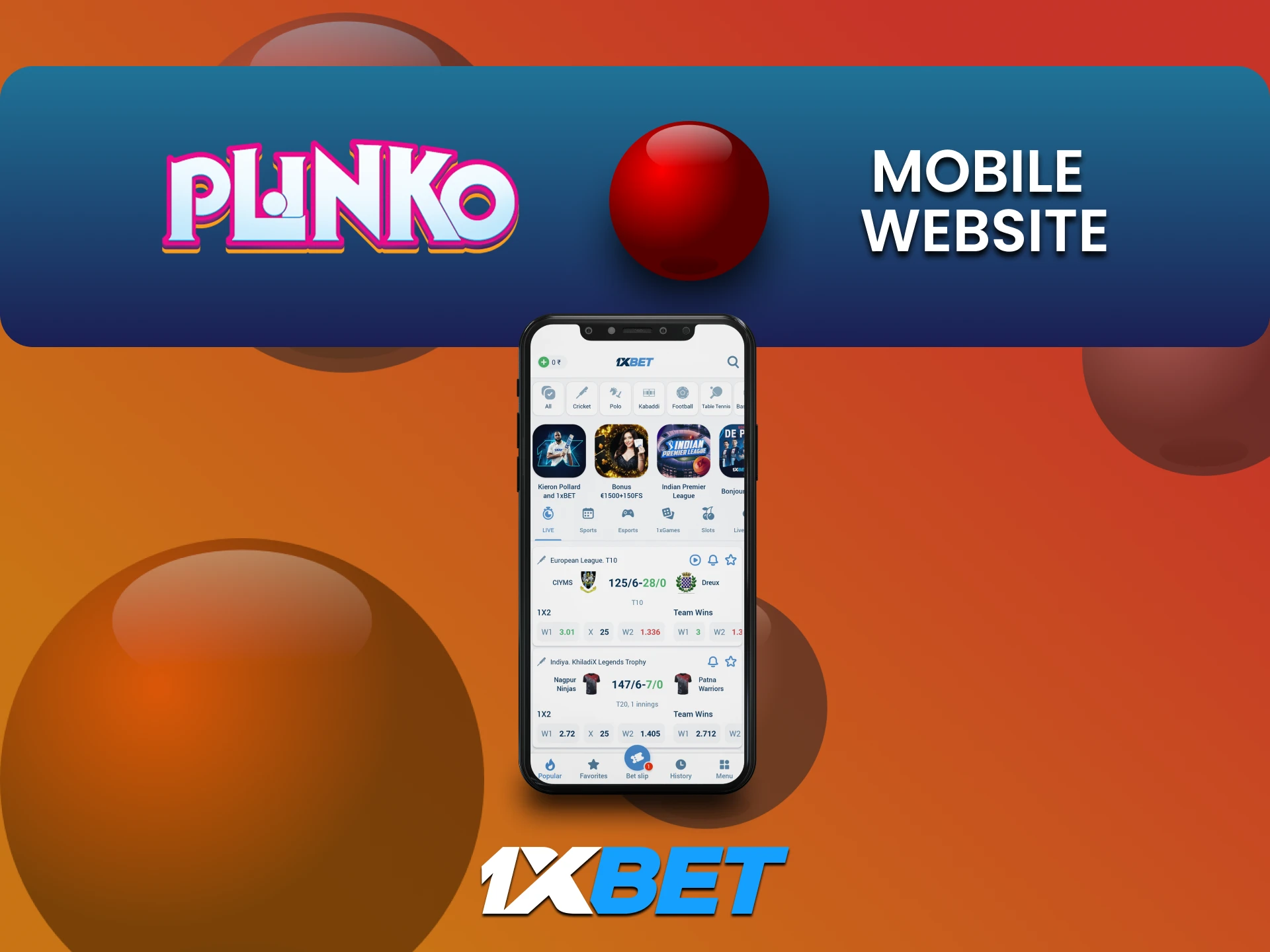 Visit the mobile version of the 1xbet website to play Plinko.