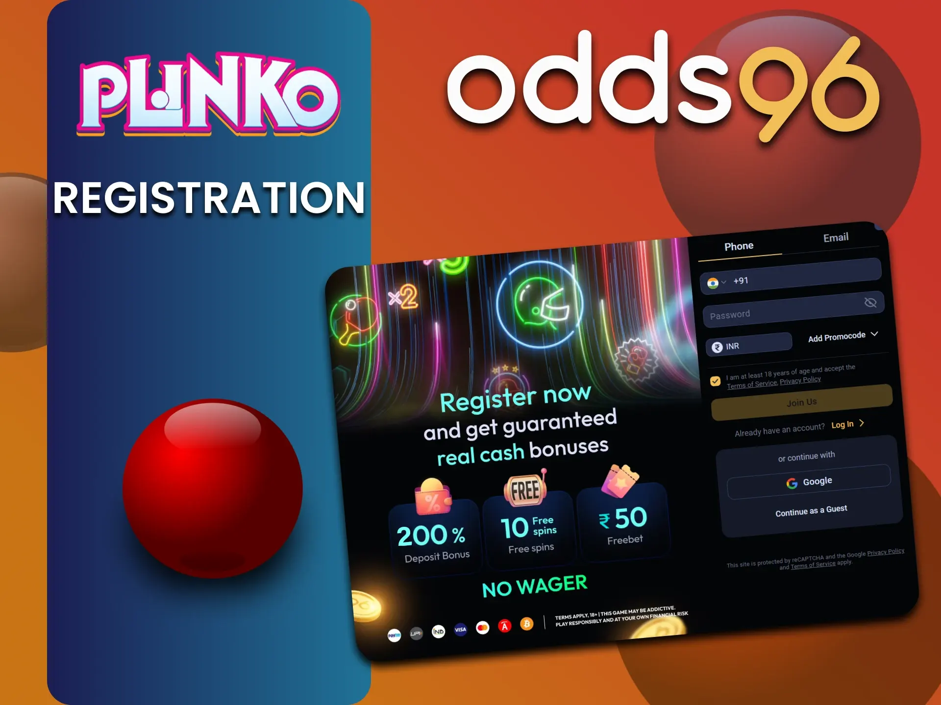 Create a odds96 account to play Plinko.