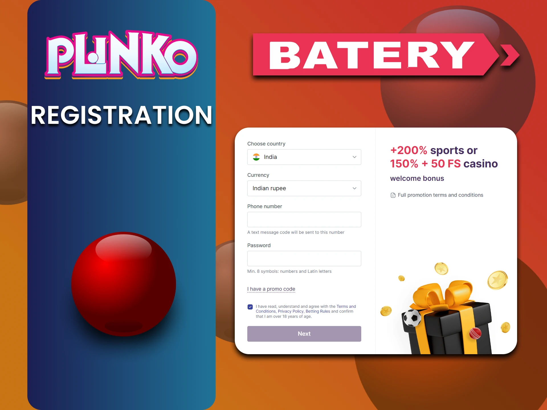 Create an account on Batery and play Plinko.