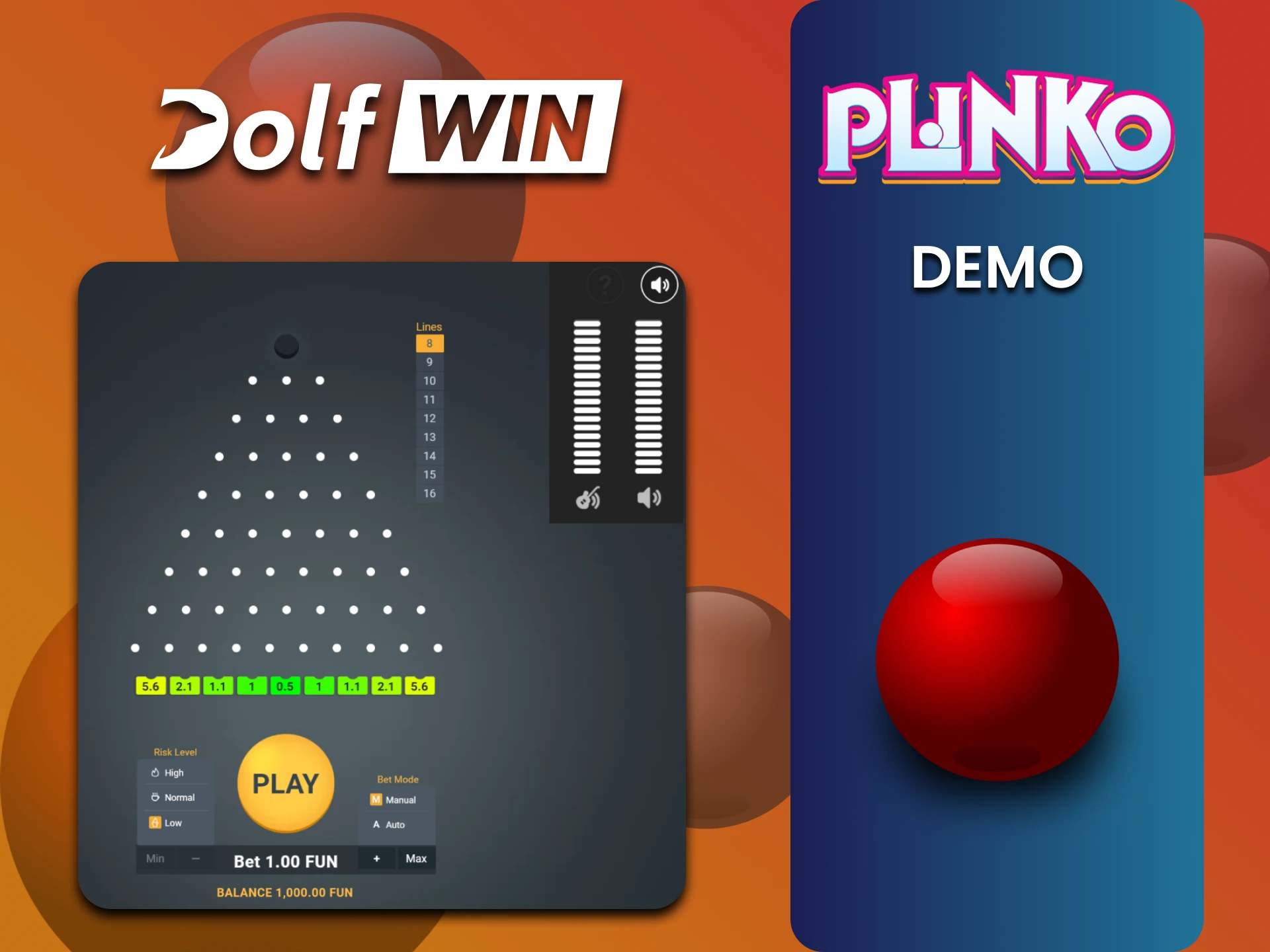 Practice with a demo version of the Plinko game on the Dolfwin website.