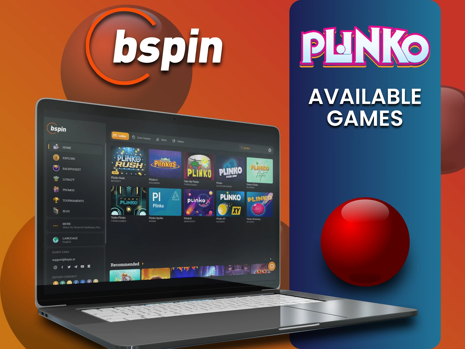 Choose your version of Plinko game on Bspin.