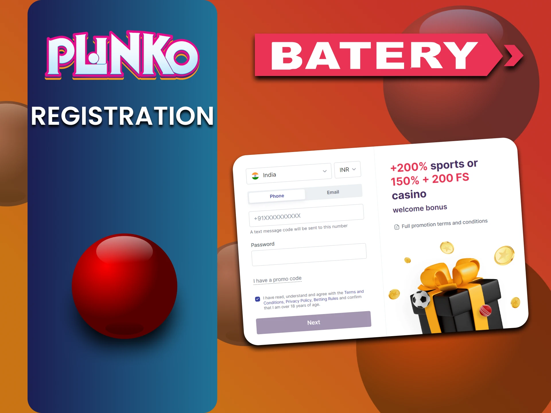 Register at Batery to start playing online game Plinko.