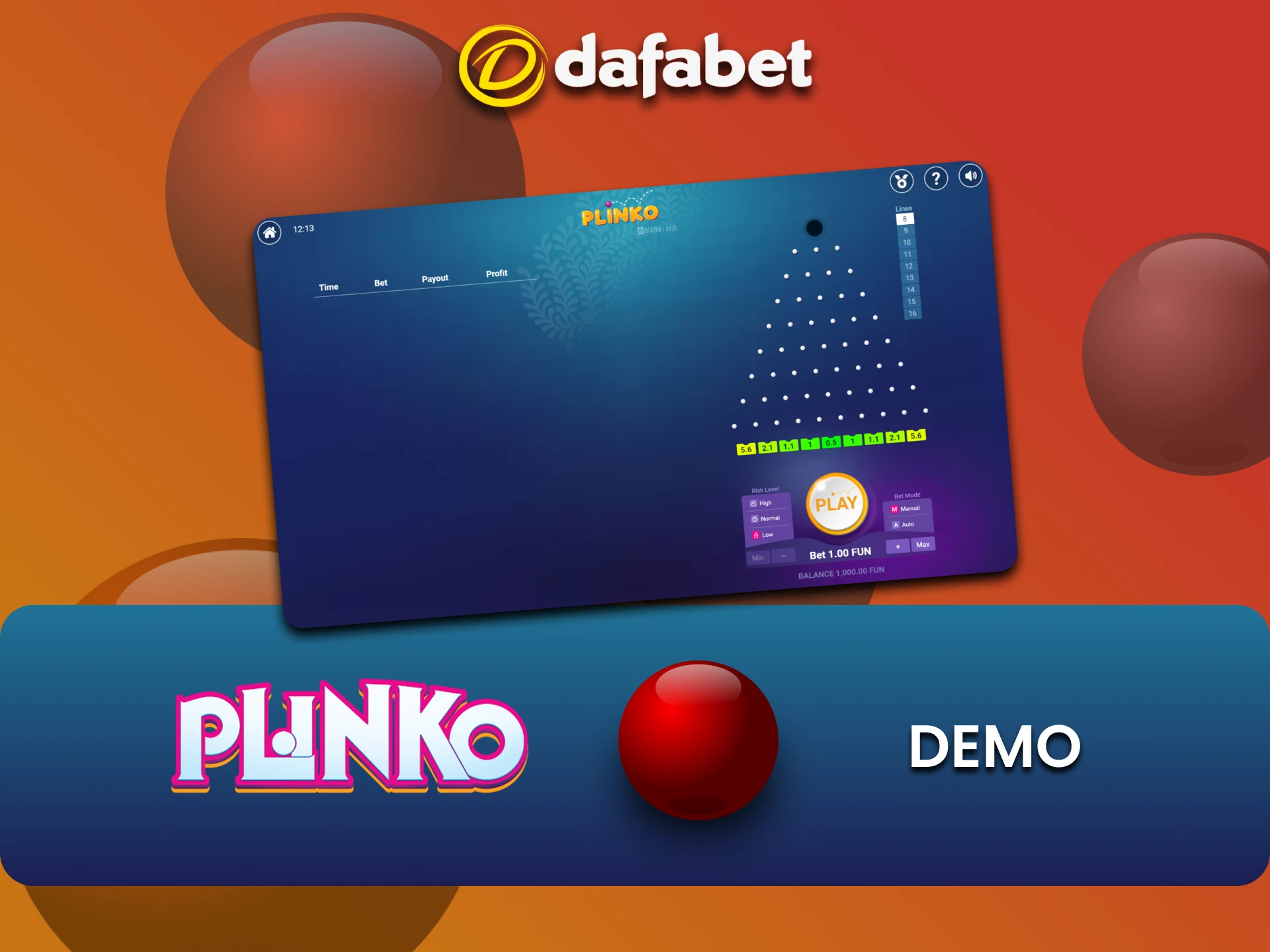 Practice in the demo version of the Plinko game on Dafabet.
