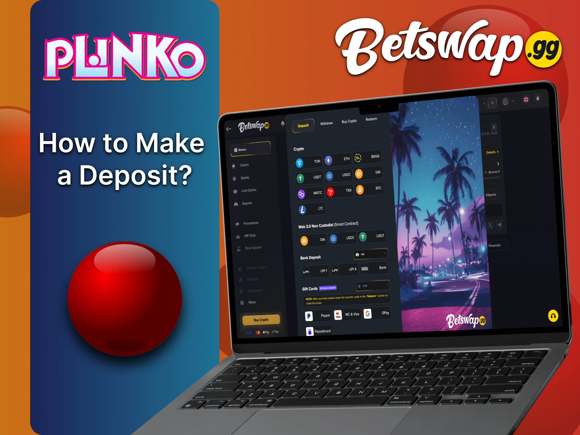 Top up your Betswap account for Plinko using this guide.