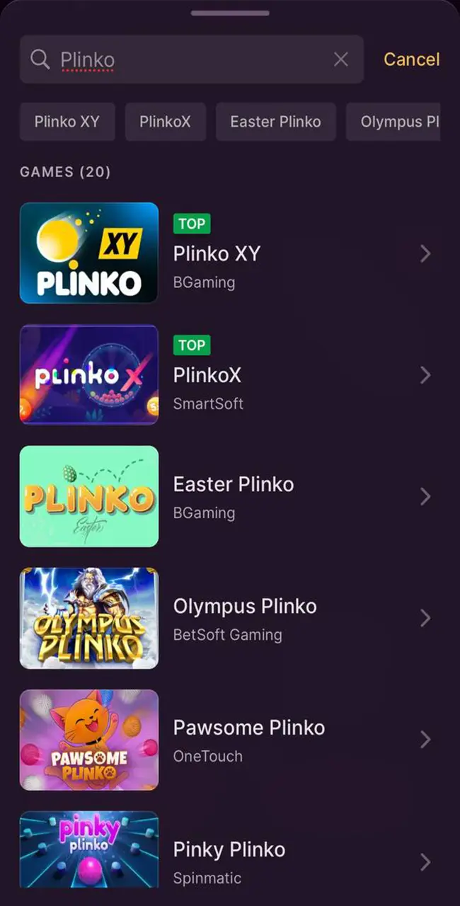 Open the search tab and search for the Plinko game from Batery Casino.