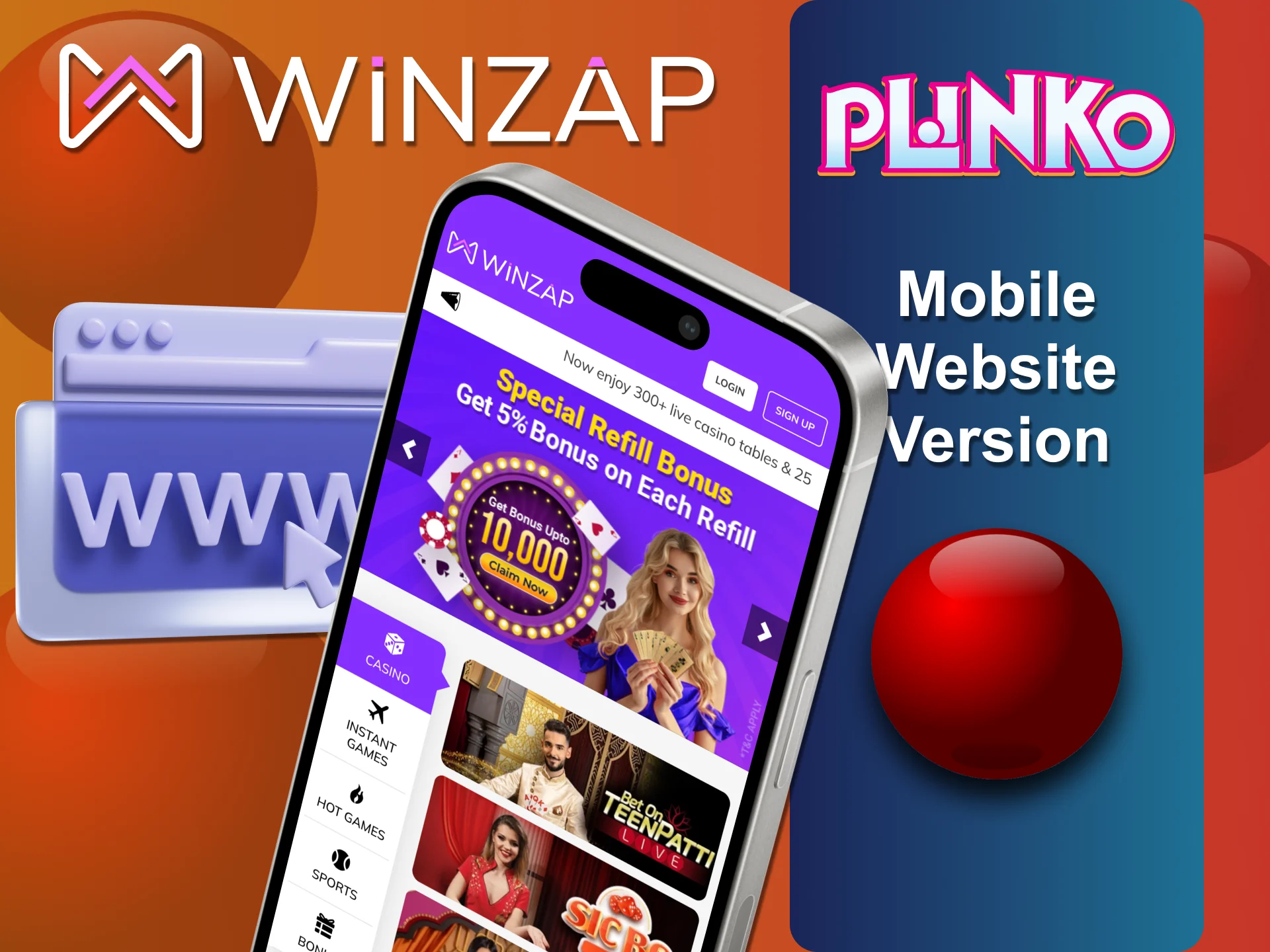 You can use Winzap mobile website version to play Plinko.