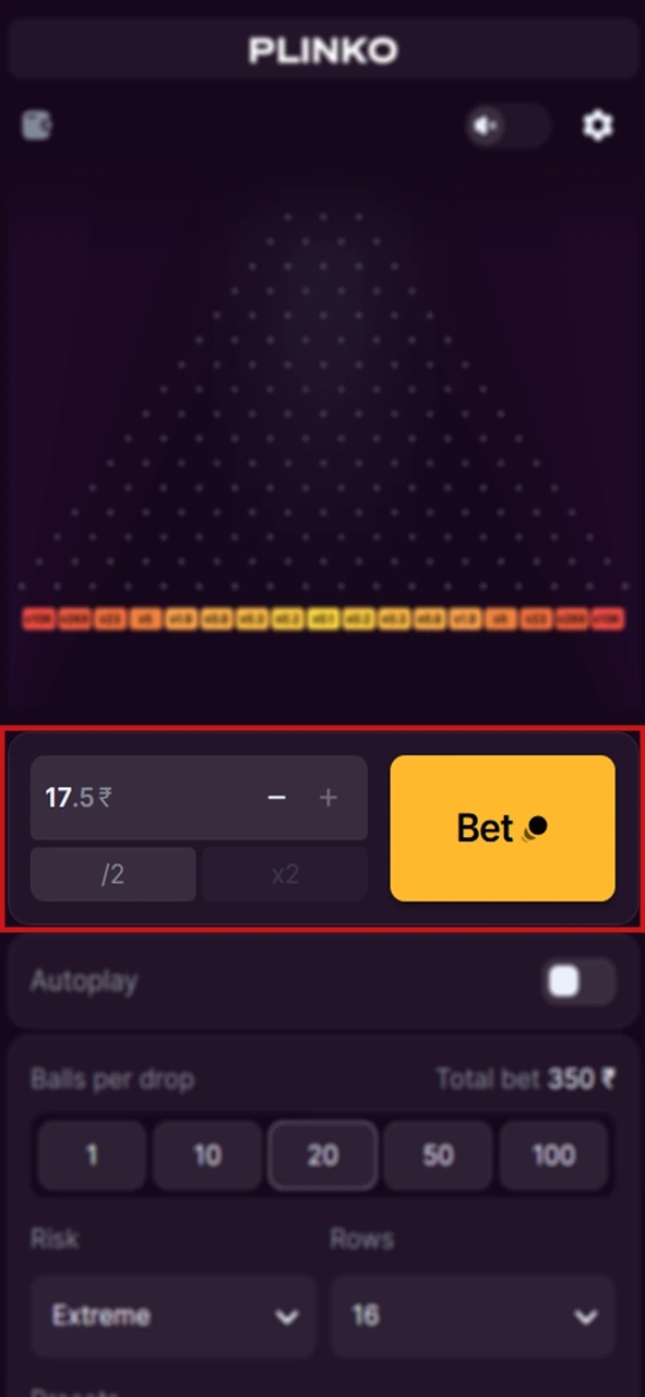 Set the bet amount in the Plinko game.