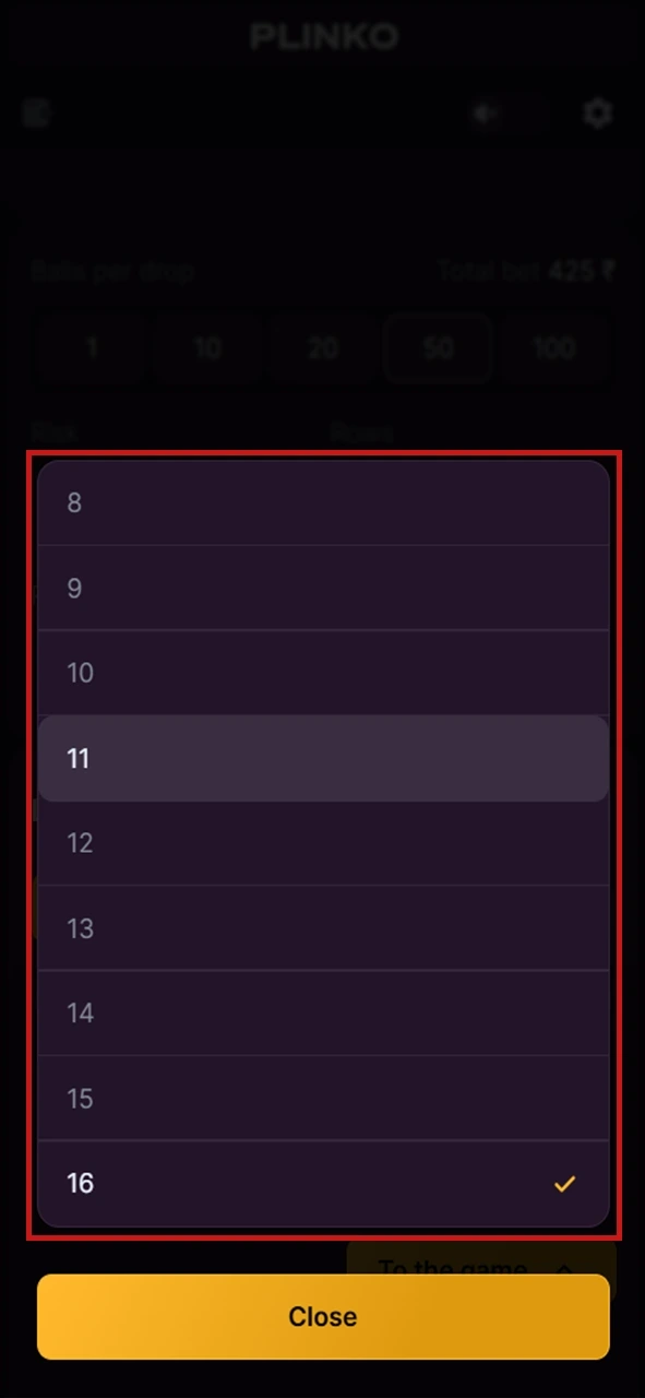 Select the number of lines for the Plinko game.