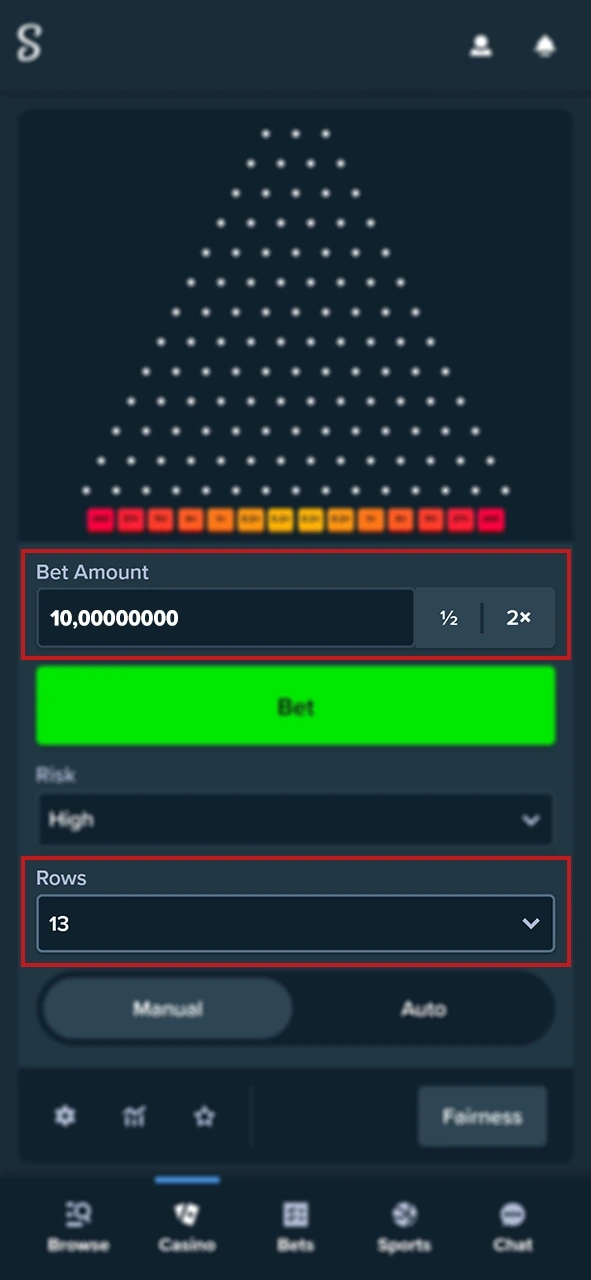 Select the number of lines and the bet amount in Plinko.