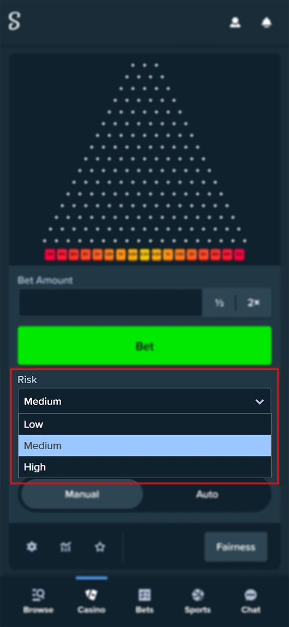 You need to choose the risk level for the Plinko game.