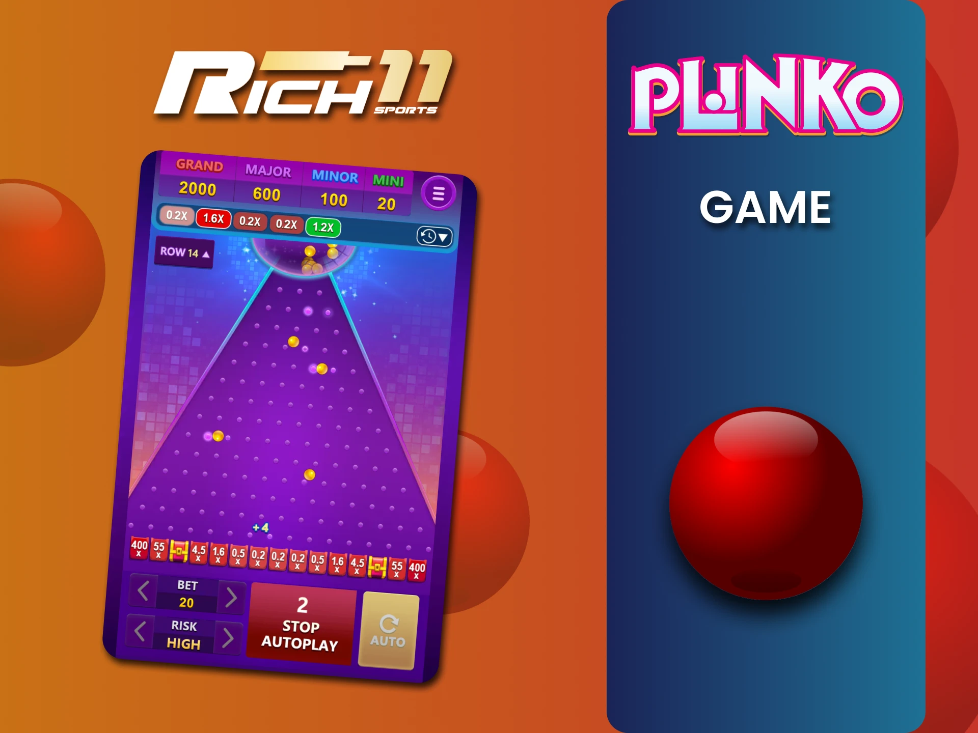 Play Plinko on Rich11 and aim for huge wins.