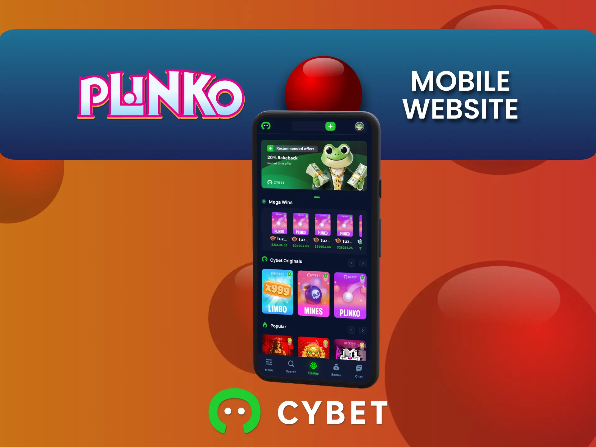 Join Cybet casino mobile site, start Plinko without download.