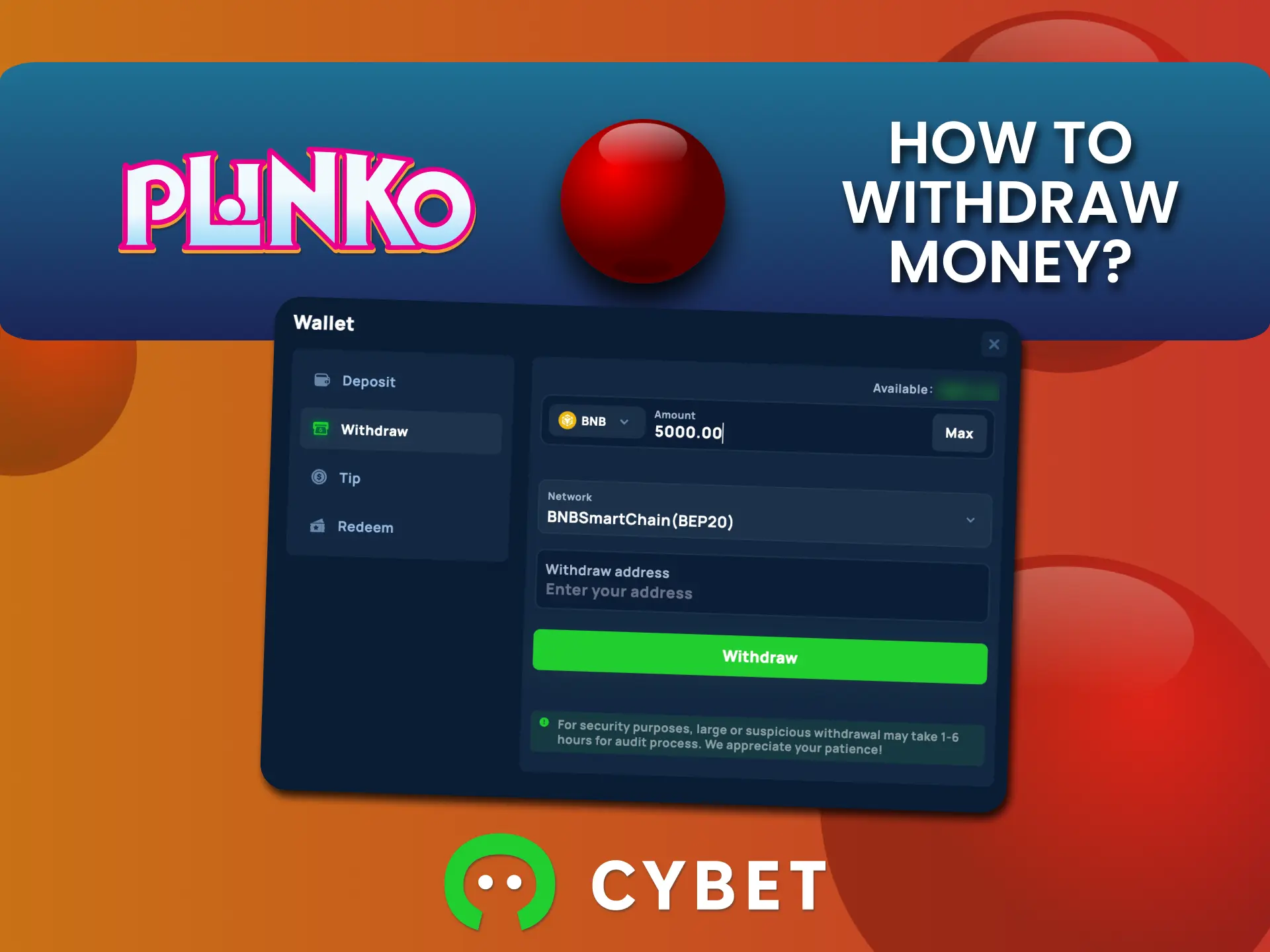 Request payout at Cybet, withdraw money and return to Plinko.