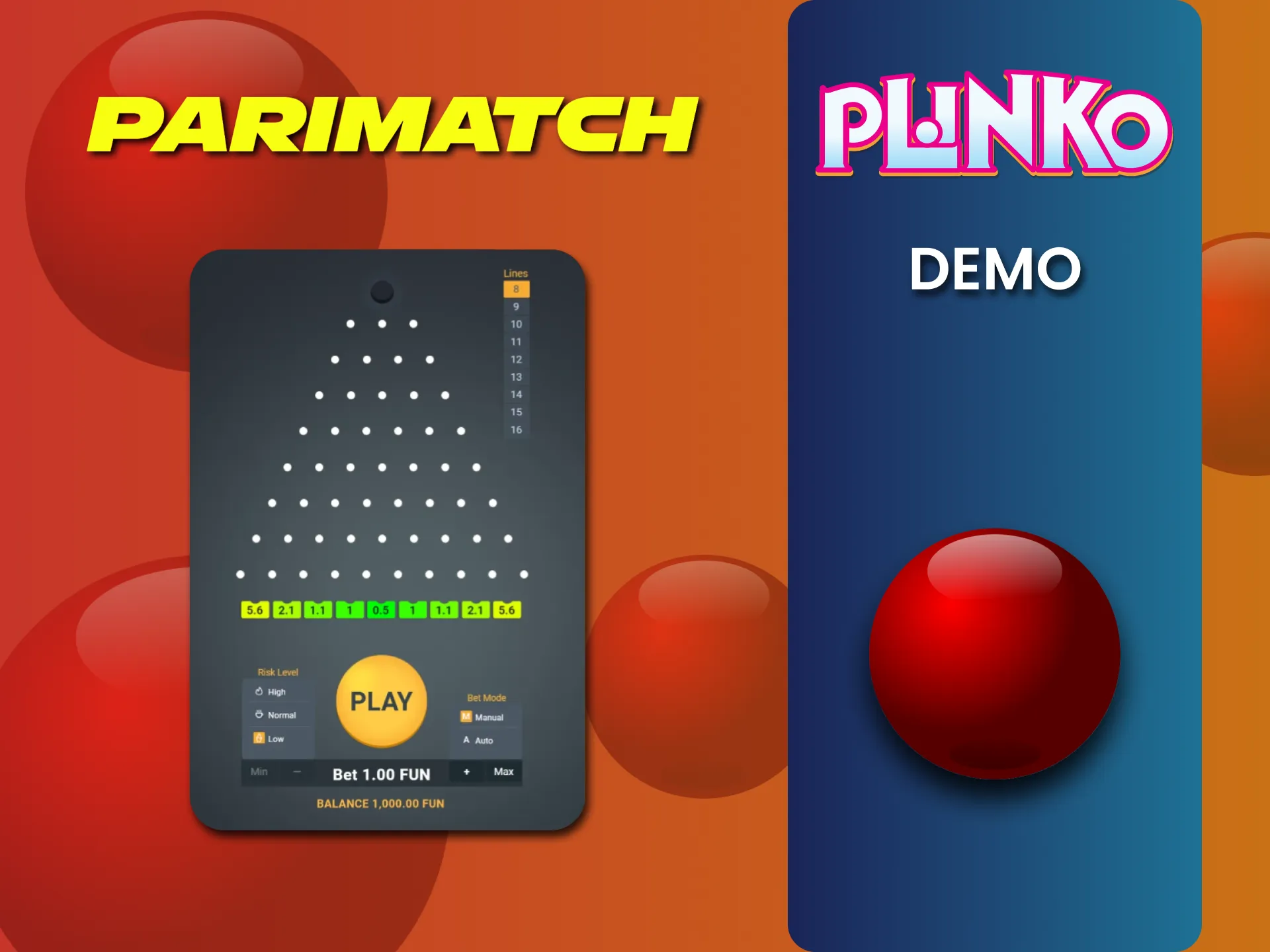Choose a demo version of the Plinko game for training on Parimatch.